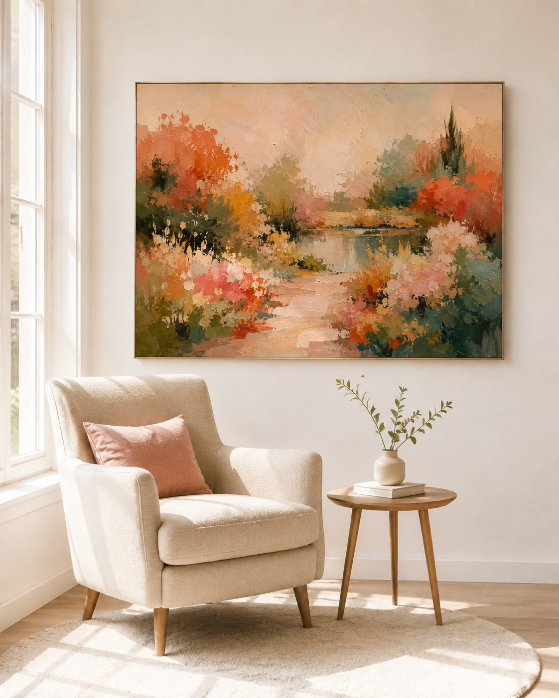 Autumn Garden Path Hand-Painted Canvas Art With Warm Orange Tones