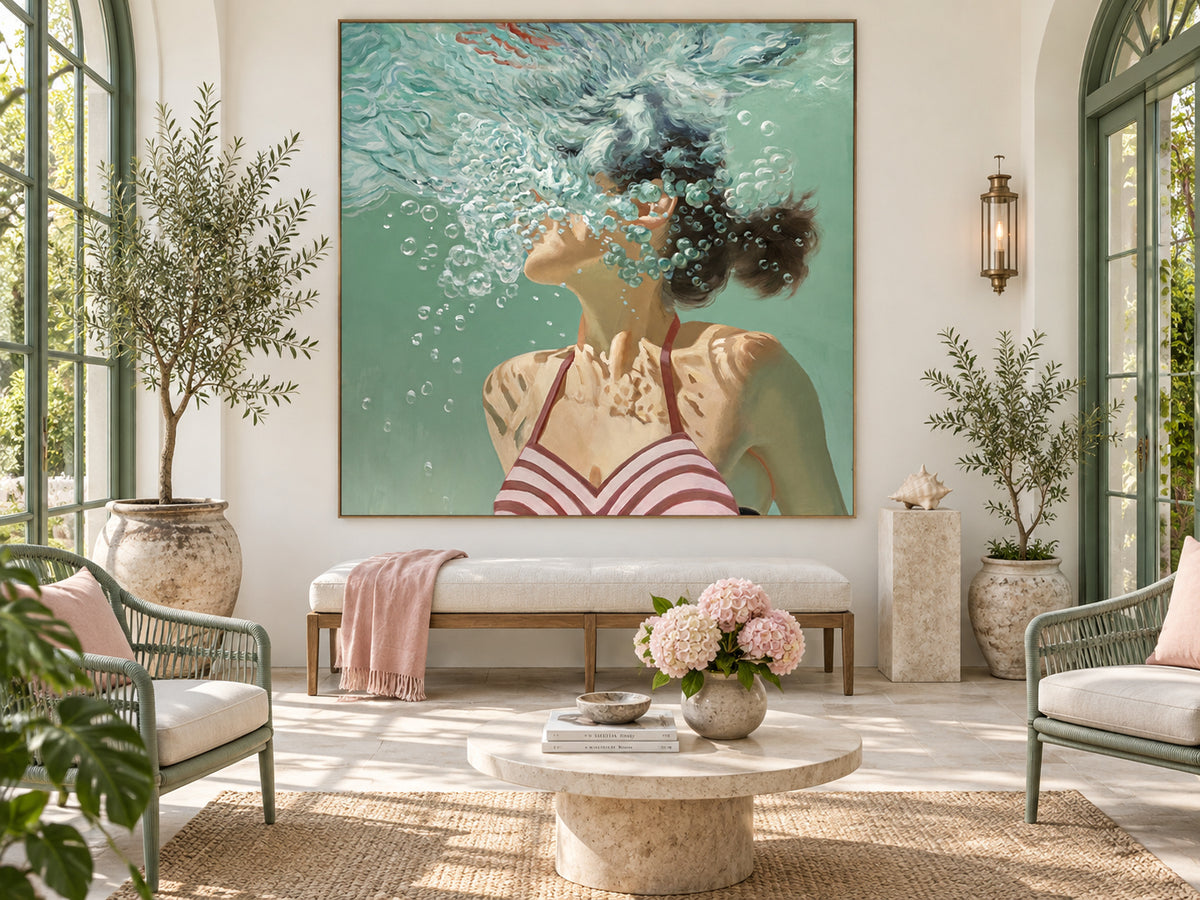 Underwater Swimmer Canvas Painting Hand-Painted Original Art With Bubbles