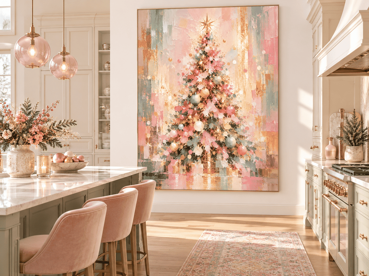 Hand-Painted Abstract Christmas Tree Canvas Art In Pink And Gold Modern Vintage Abstract Painting