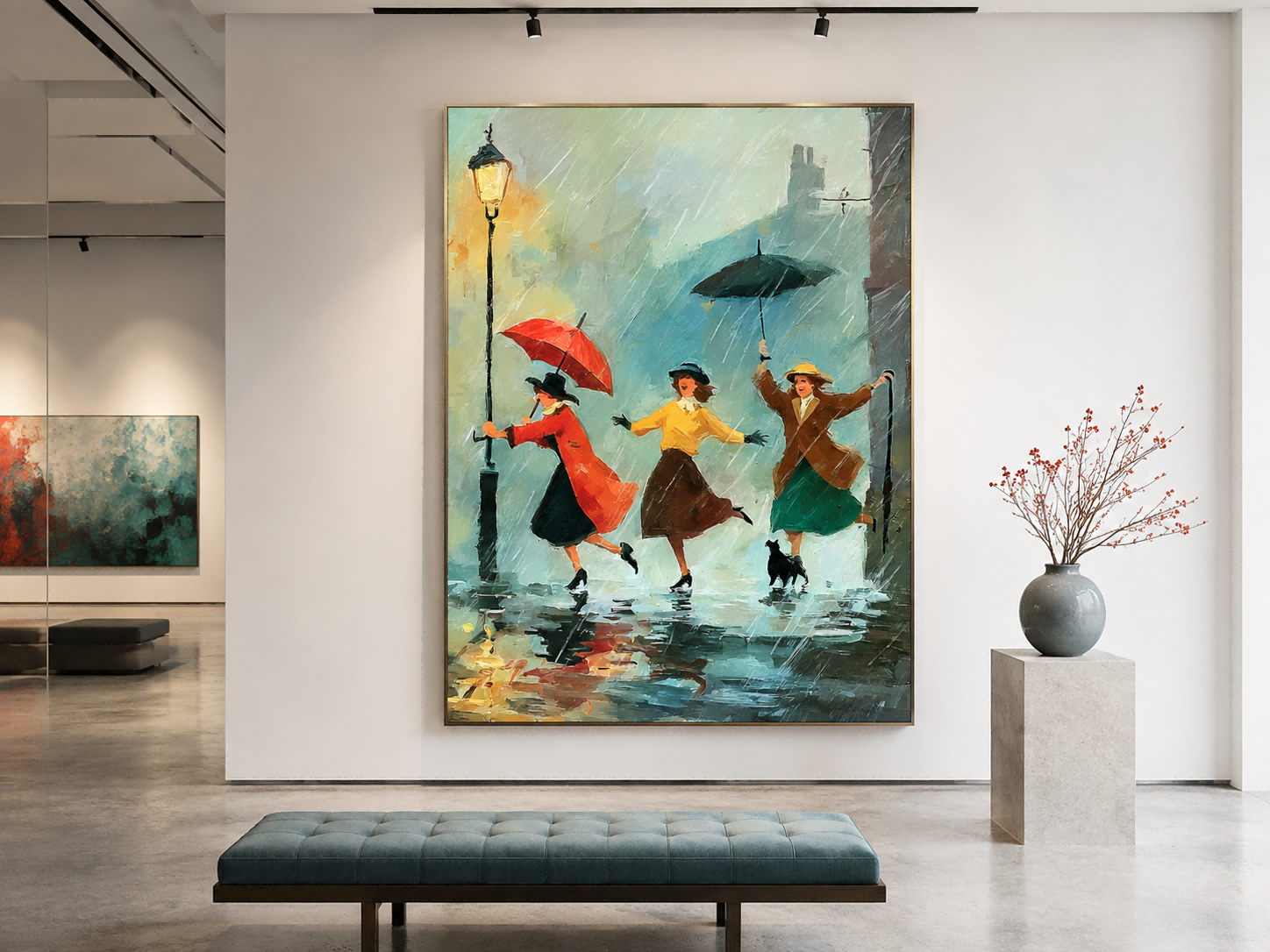 Impressionist Rainy Street Scene Painting With Three Women Under Umbrellas Vintage Wall Art