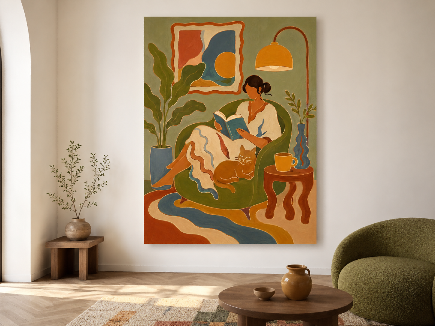 Art Deco Fantasy Style Canvas Art Woman Reading In Green Armchair Hand Painted