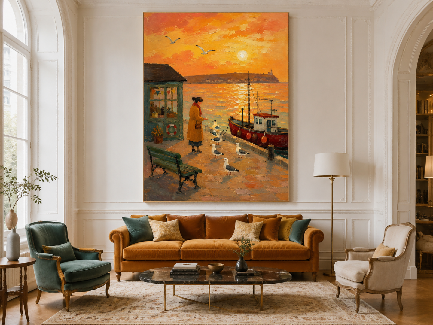 Impressionist Style Seascape Painting With Expressive Orange Tones