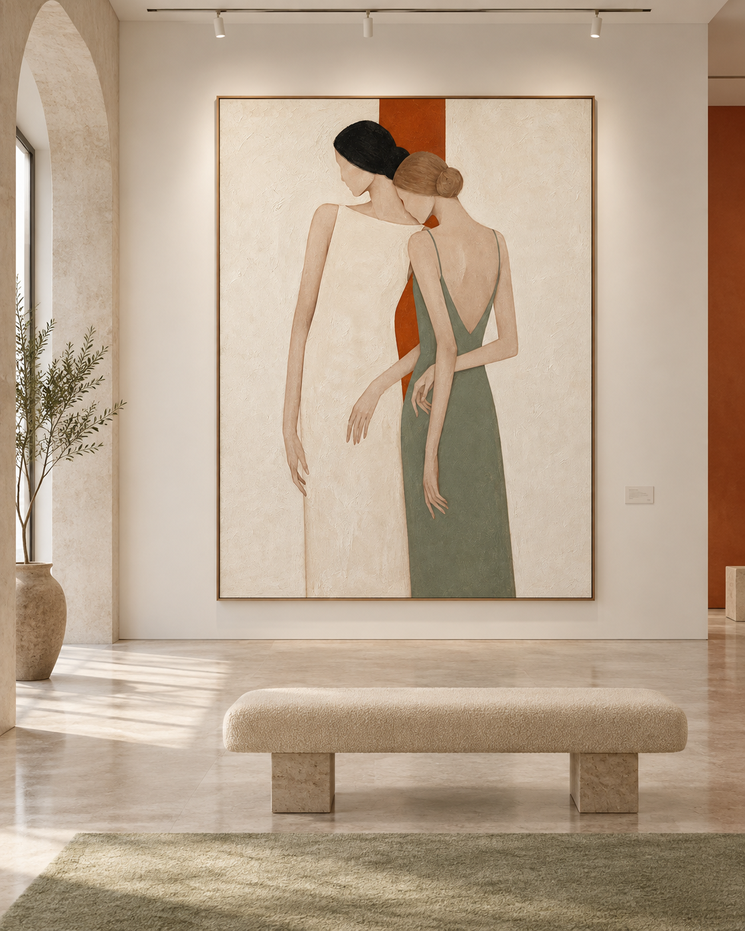 Minimalist Two Women Portrait Hand-Painted Canvas Art In Beige And Green