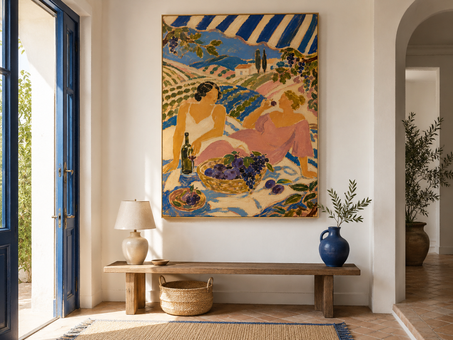 Dreamy Fantasy Art Deco Painting Of Women Relaxing In A Stylized Landscape With Grapes
