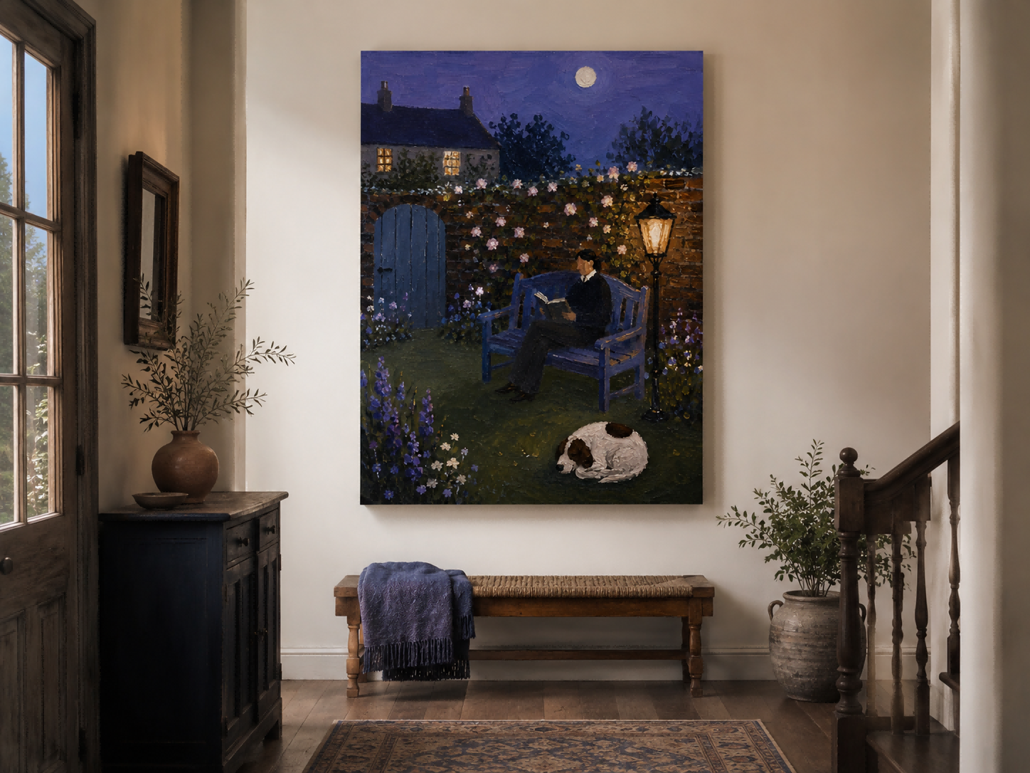 Moonlit Garden Reader With Sleeping Dog Hand-Painted Canvas Art