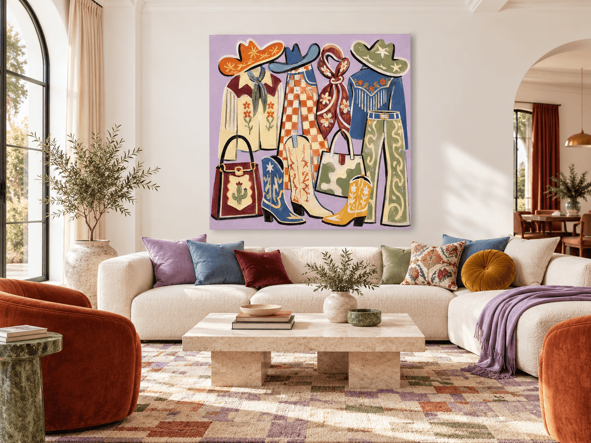 Vintage Pop Art Canvas Painting Of Cowboy Outfits In Purple Tone Handmade Original Wall Decor