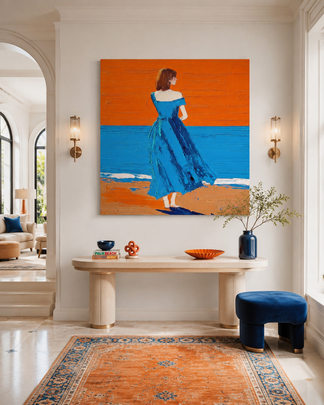 Expressive Figure Painting Solitary Woman At Sunset Beach For Living Room