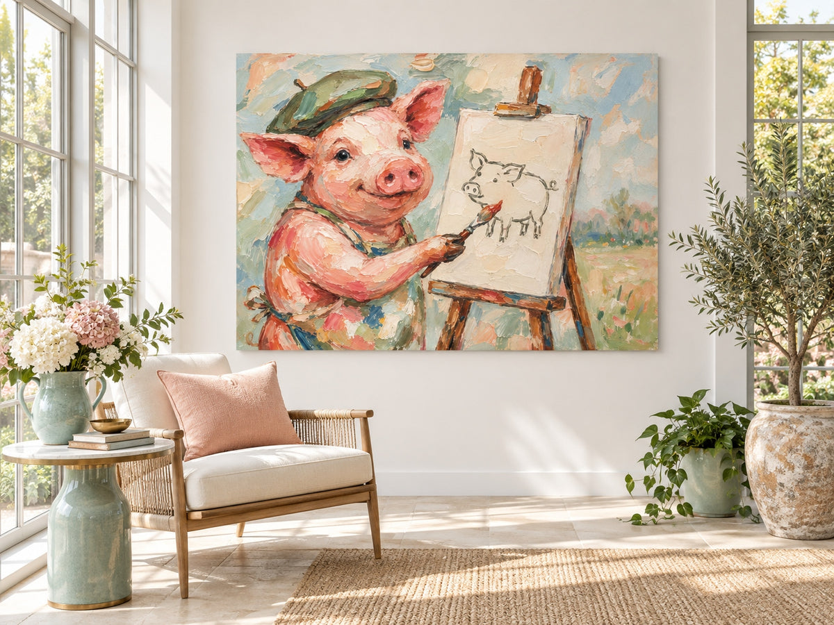 Textured Minimalist Cartoon Oil Painting Of A Creative Pink Pig