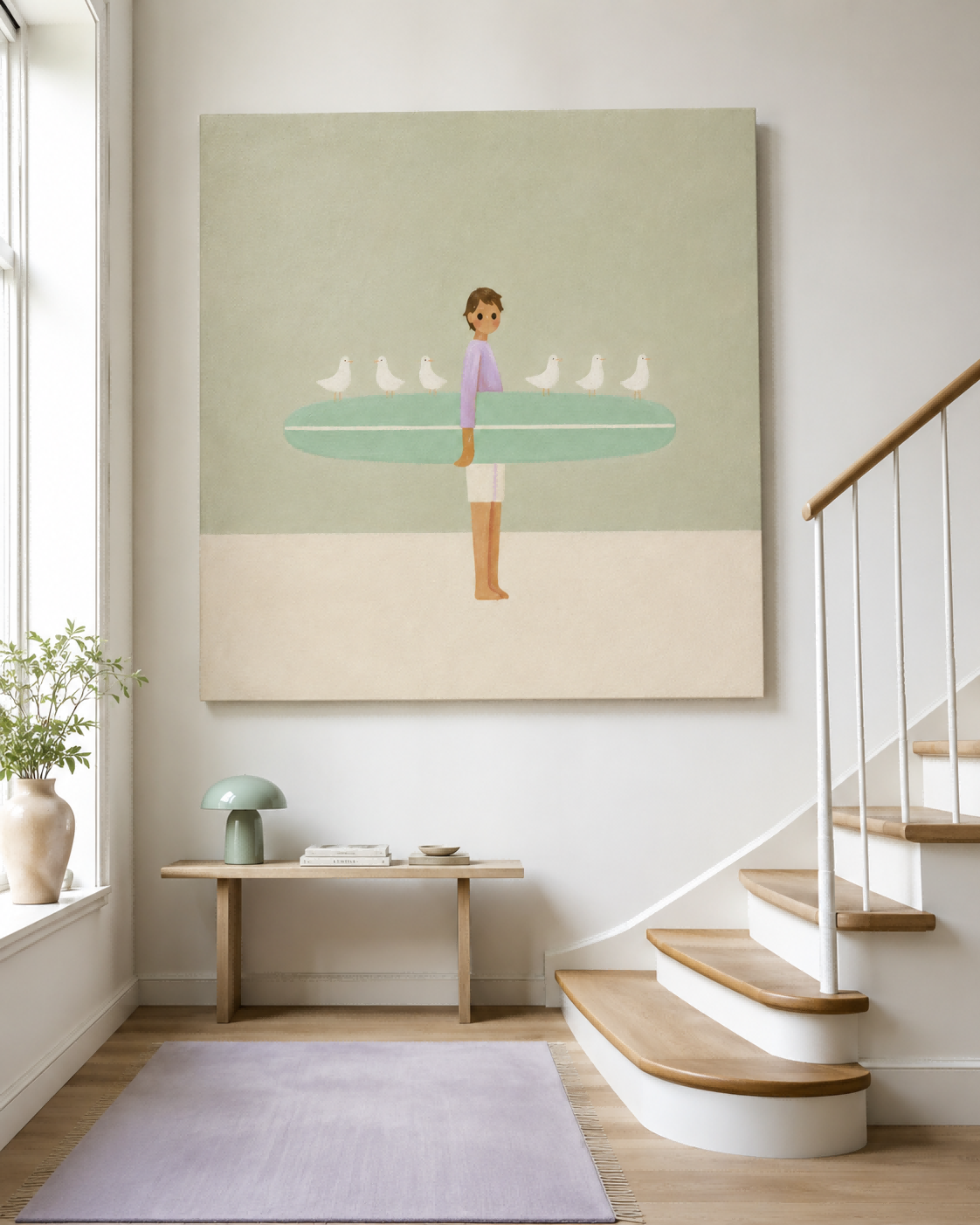 Hand-Painted Surfer With Seagulls On Mint Board Modern Canvas Art