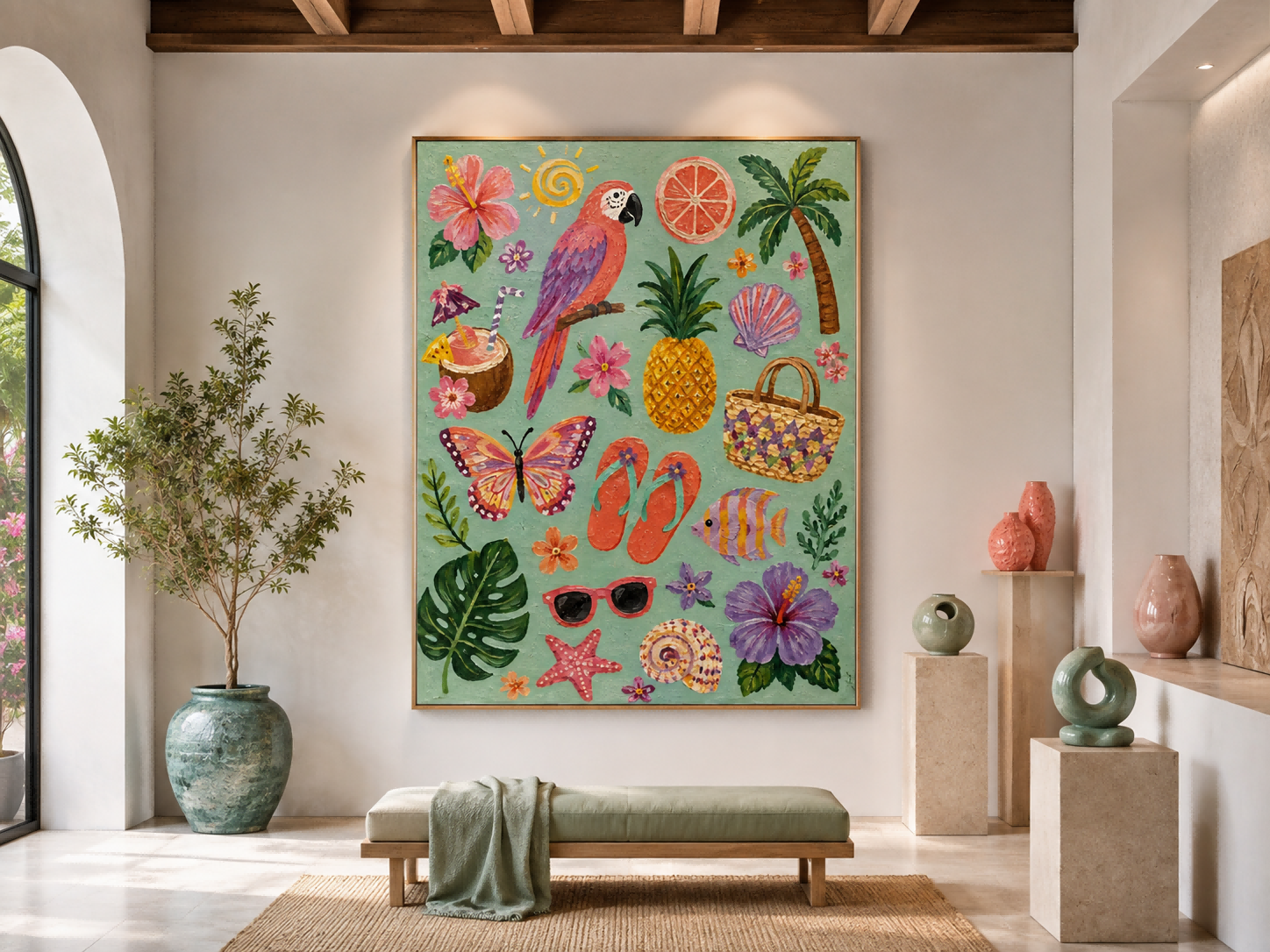 Vintage Coastal Wall Art With Seashells And Hibiscus Flowers For Beach House Bedroom