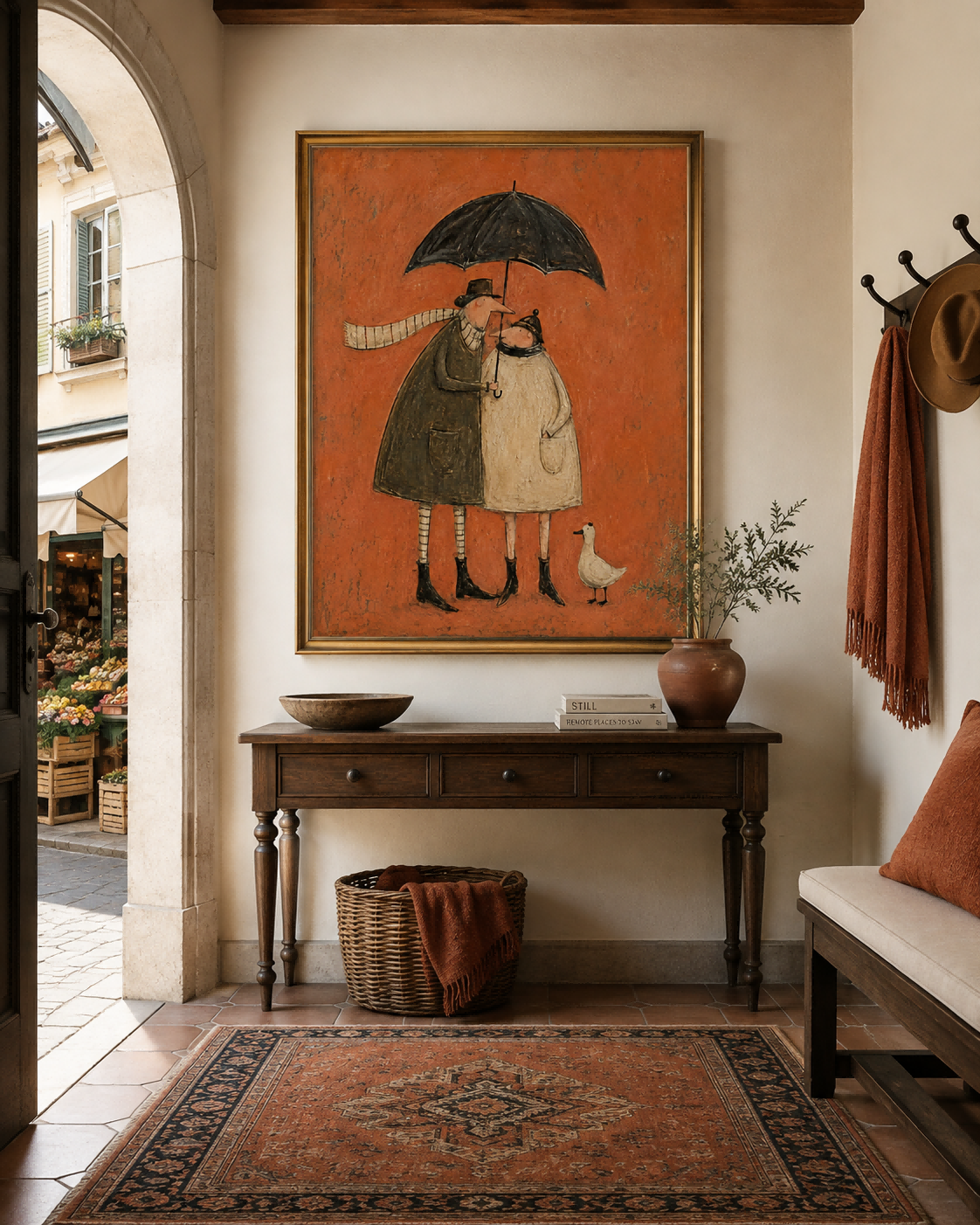 Vintage Couple With Umbrella And Duck Hand-Painted Canvas Wall Art In Warm Orange Tones