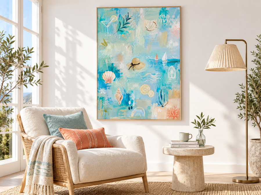 Seaside Abstract Canvas Painting With Shells And Sailboats For Beach Decor