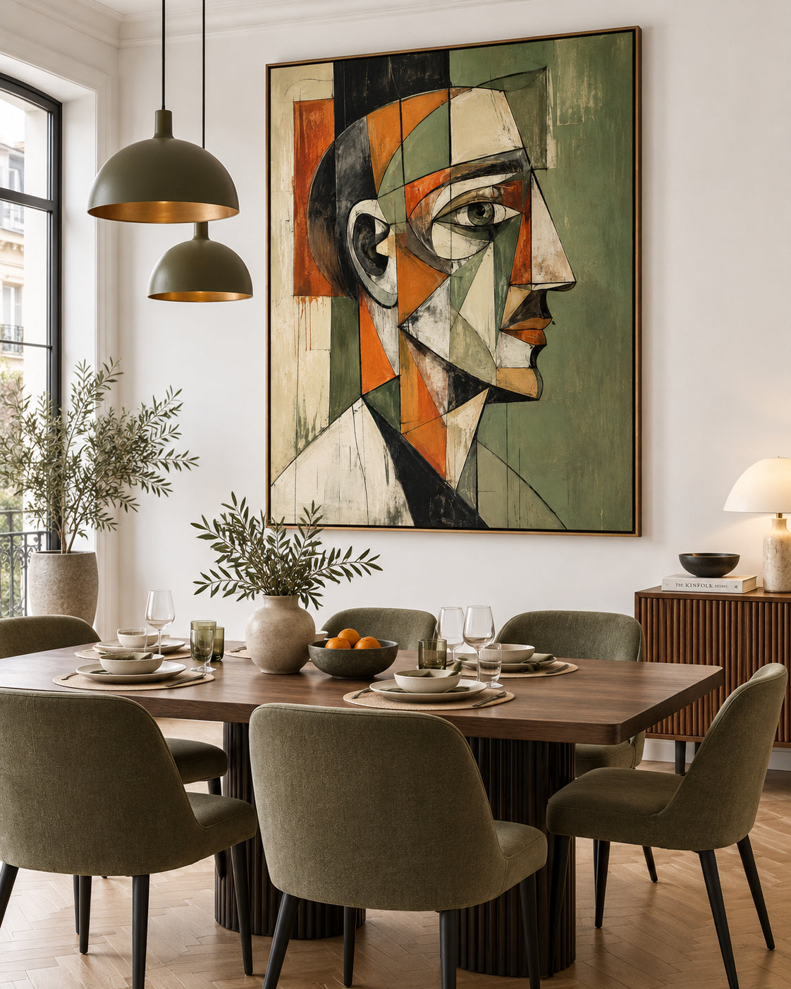 Picasso Style Cubism Artwork Textured Oil Painting Green And Orange Tones