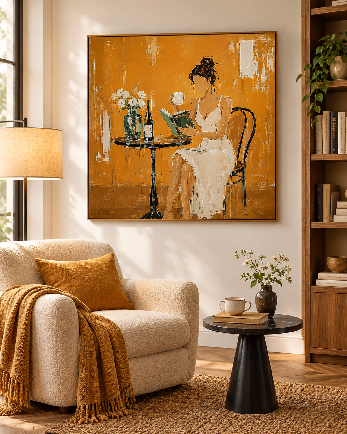 Textured Abstract Expressionist Oil Painting Minimalist Figure In Golden Light