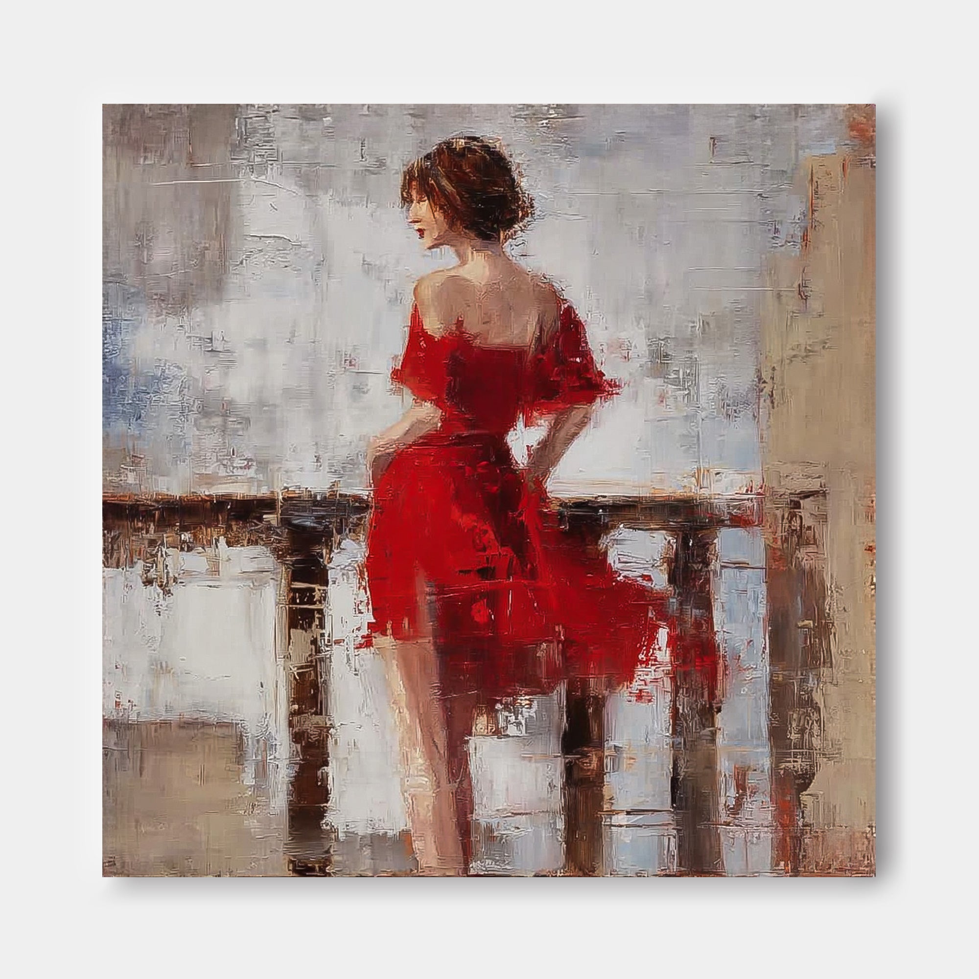Vintage Style Red Dress Woman Painting Original Square Canvas Art For Living Room Decor