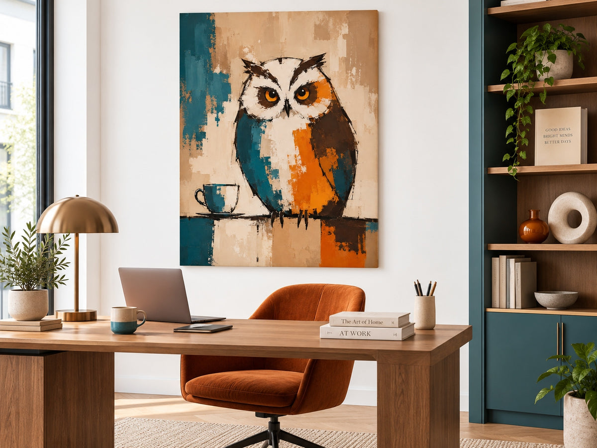 Minimalist Textured Canvas Art With Retro Color Block Design And Owl Theme