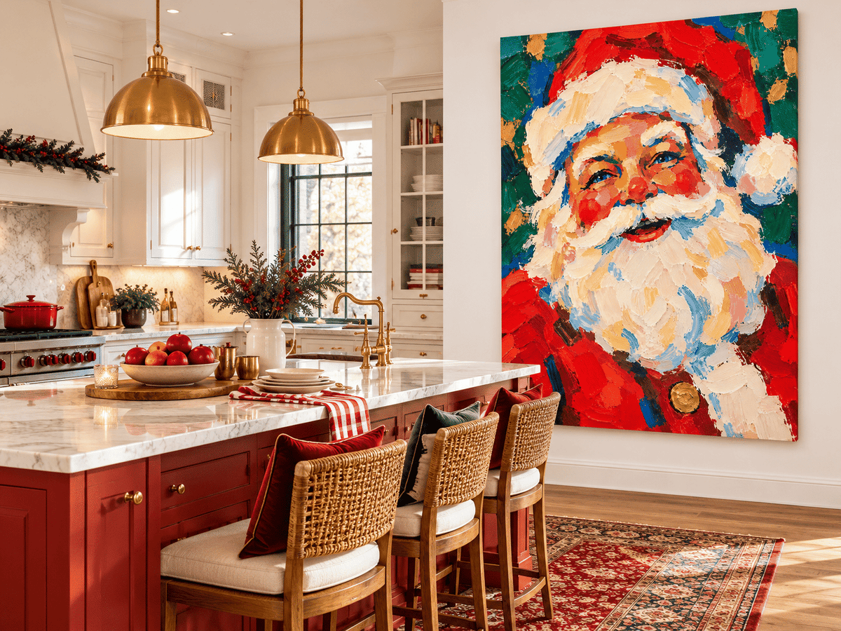 Modern Abstract Santa Painting In Retro Naive Art Style