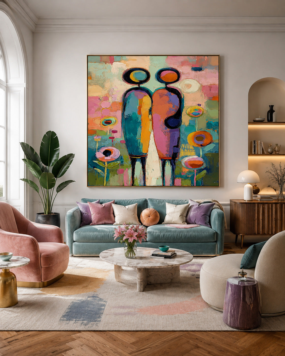 Colorful Abstract Couple Painting Modern Geometric People Art For Living Room Decor