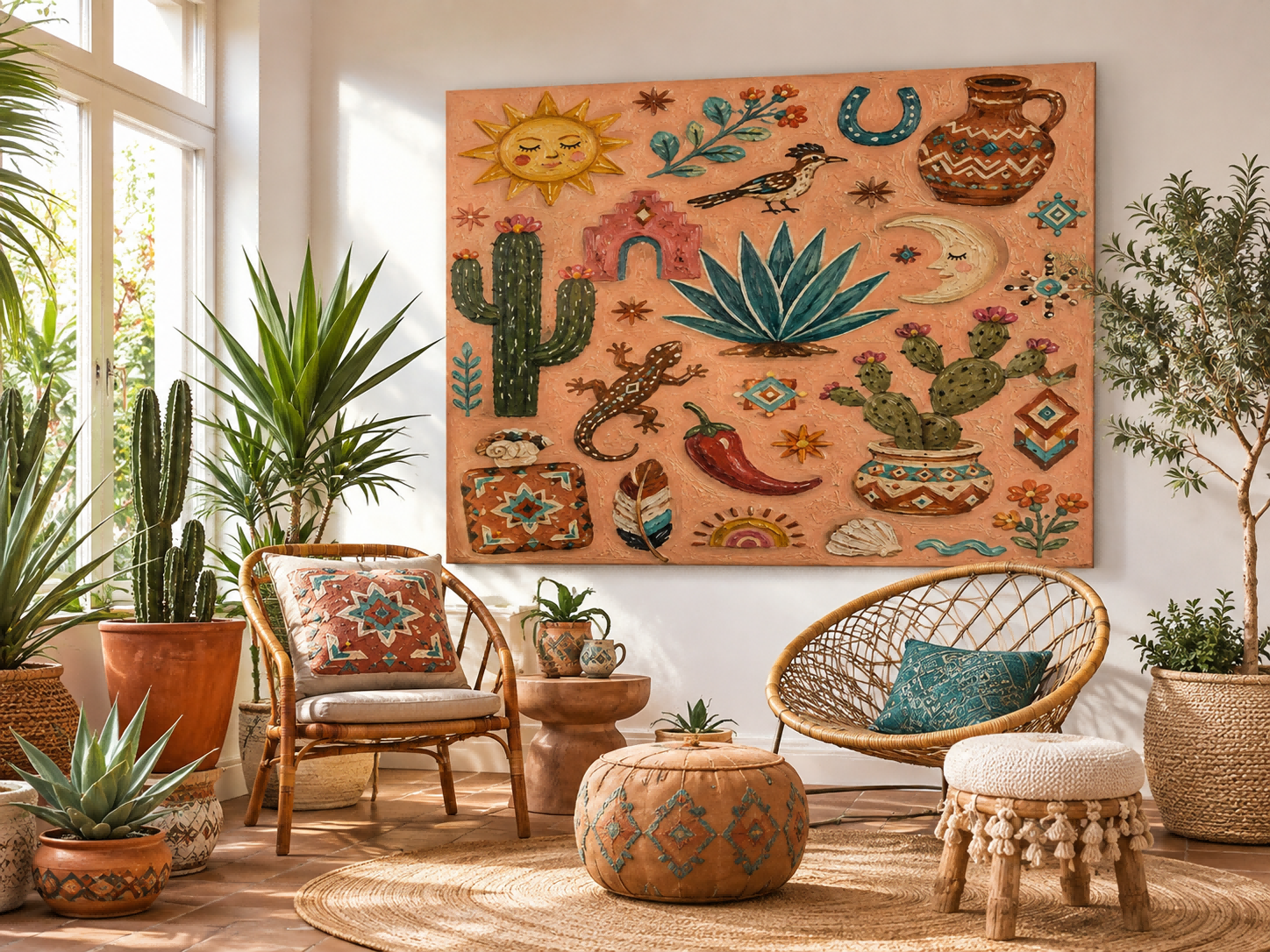 Bohemian Desert Sunset Wall Art With Geometric Cactus And Lizard For Living Room