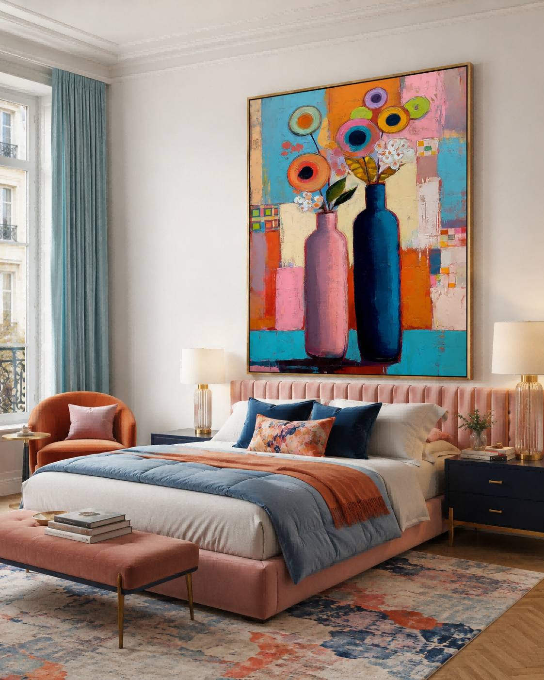 Modern Pop Art Style Floral Canvas With Geometric Shapes And Bold Colors For Contemporary Interiors