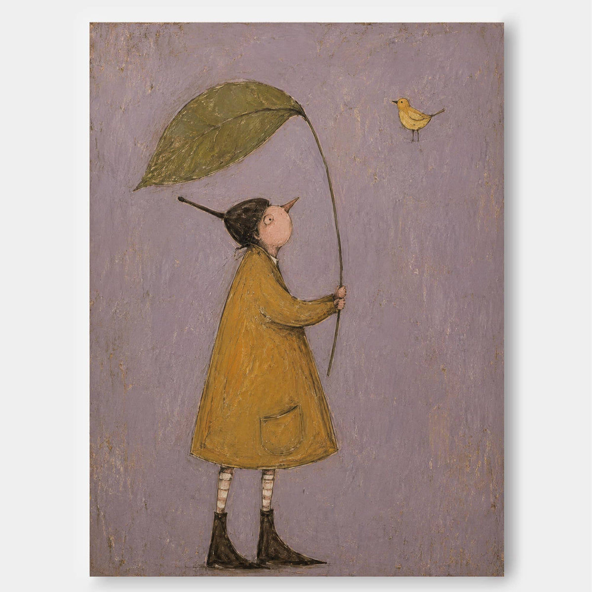 Whimsical Person With Leaf And Bird Vintage Canvas Painting