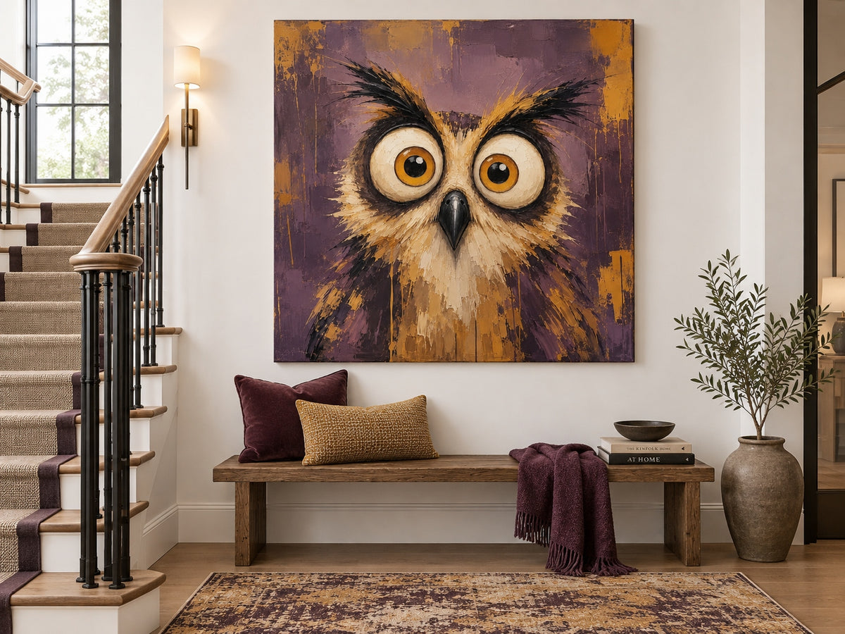 Abstract Pop Art Owl Painting With Textured Brushwork And Humorous Appeal