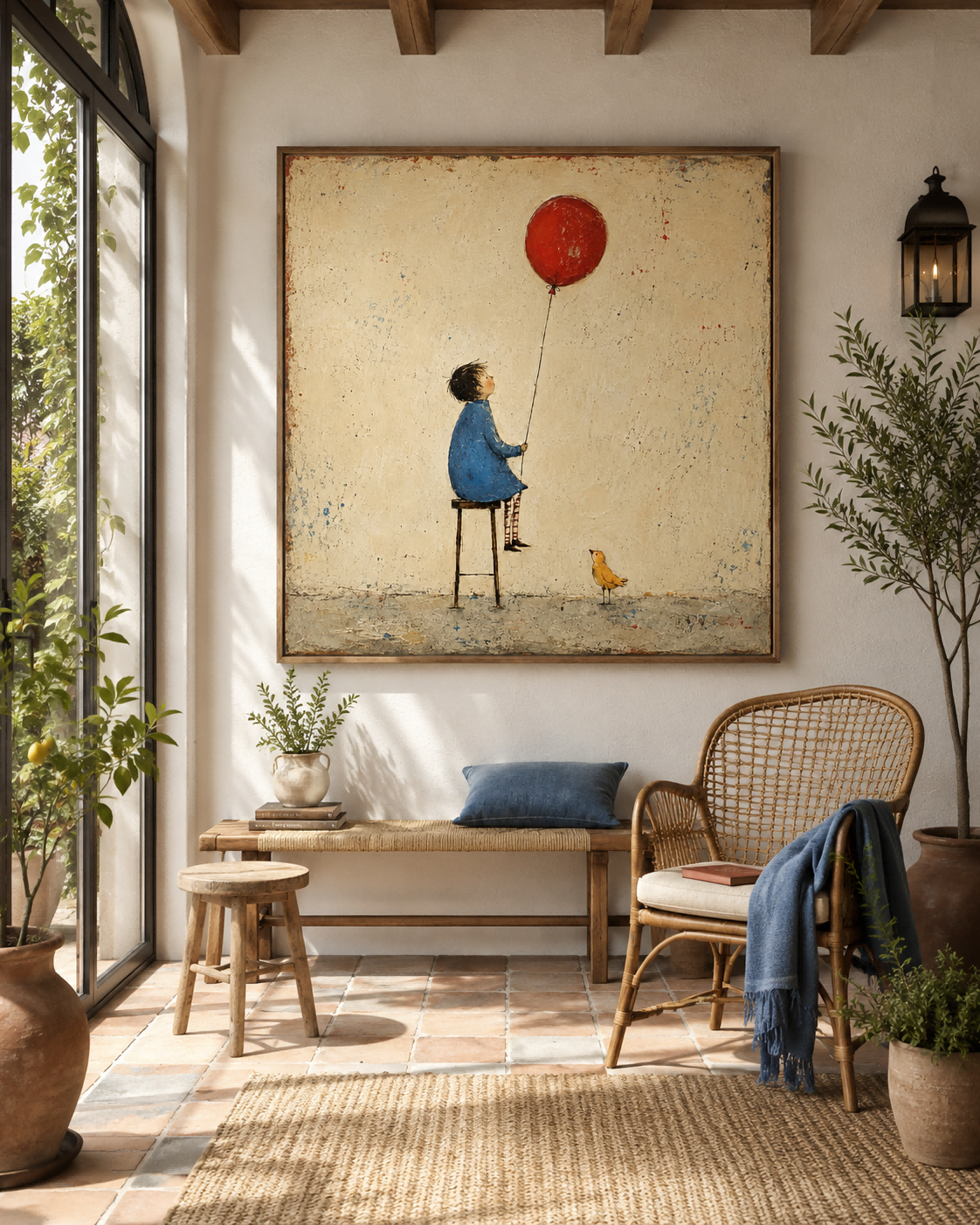 Retro Fairy Tale Illustration Original Canvas Painting Beige Blue Hand-Painted Child With Red Balloon And Bird Vintage Canvas Art