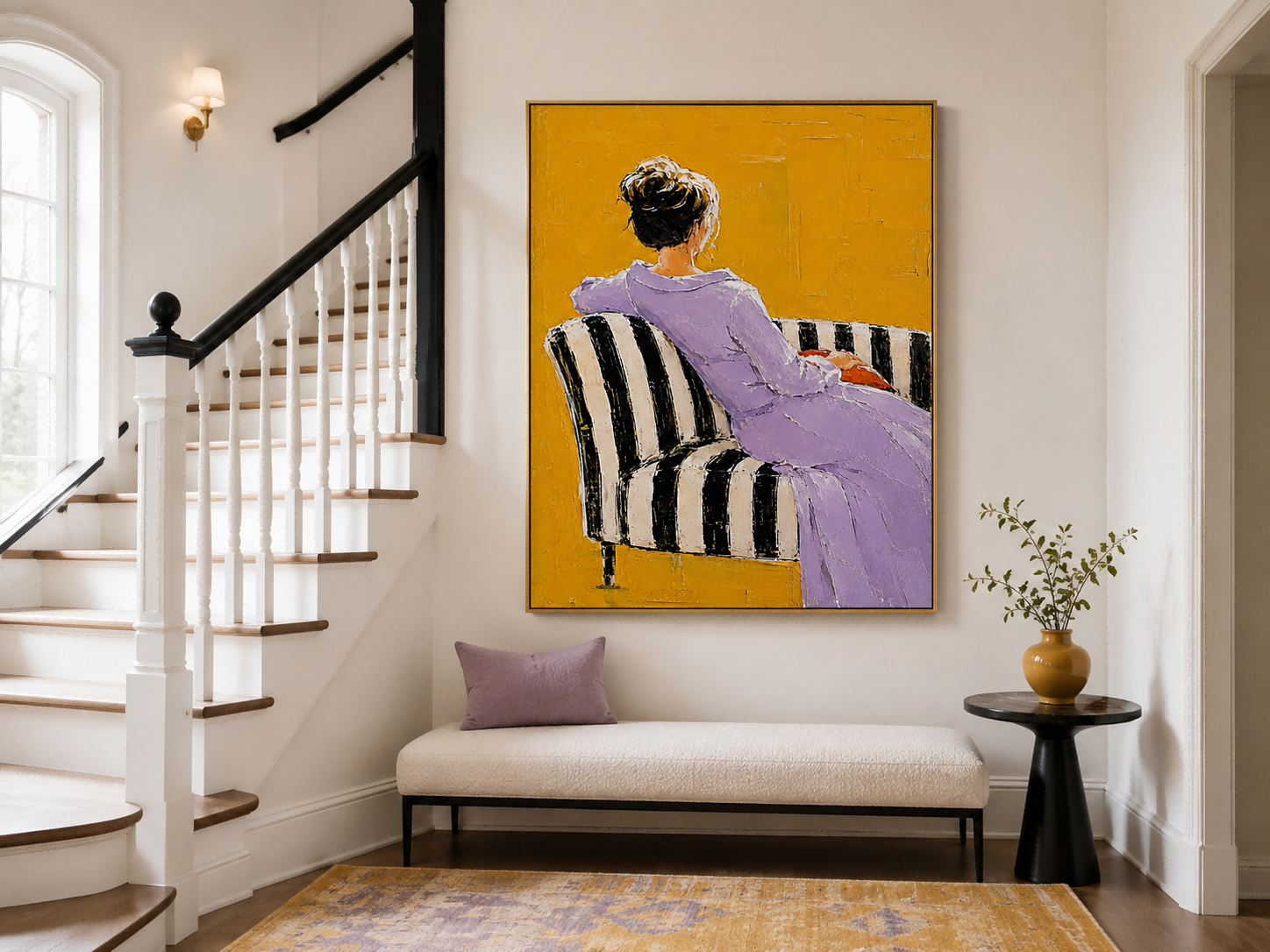 Handmade Impasto Oil Painting Of Seated Woman On Striped Sofa With Expressive Brushstrokes For Modern Home
