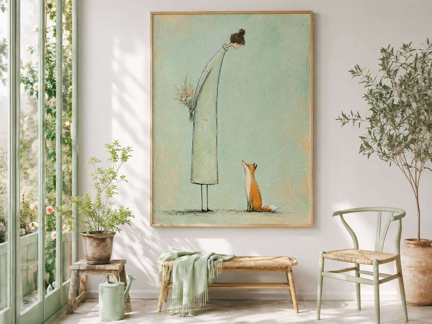 Naive Art Painting Of Woman And Fox With Flowers In Modern Minimalist Style For Living Room Decor