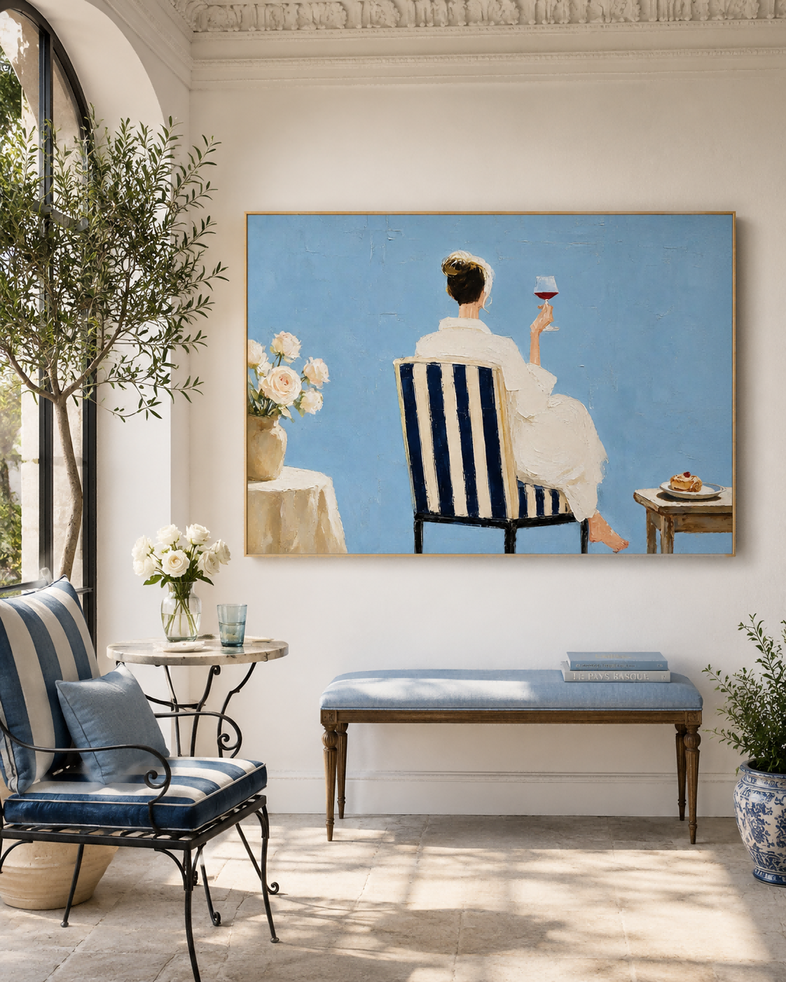 Impressionist Style Canvas Painting Blue And White Striped Chair Art