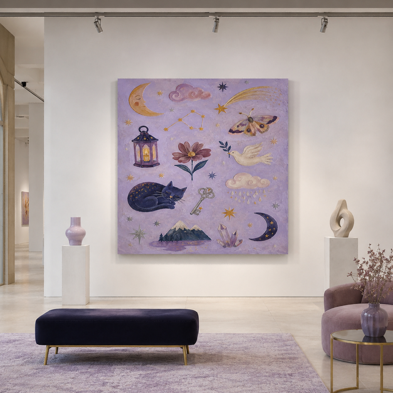 Magical Realism Bohemian Art With Cat And Moon For Bedroom Decor