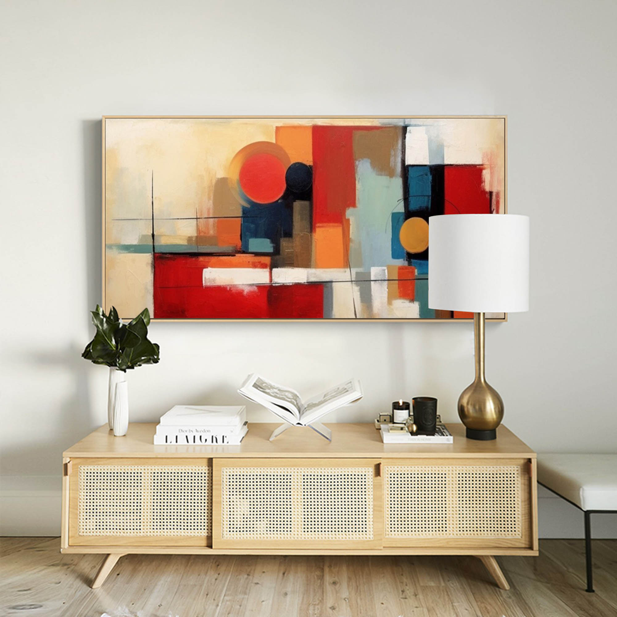 Red Original Abstract Oil Painting On Canvas Geometric Large Composition Artwork Framed Living Room Decor