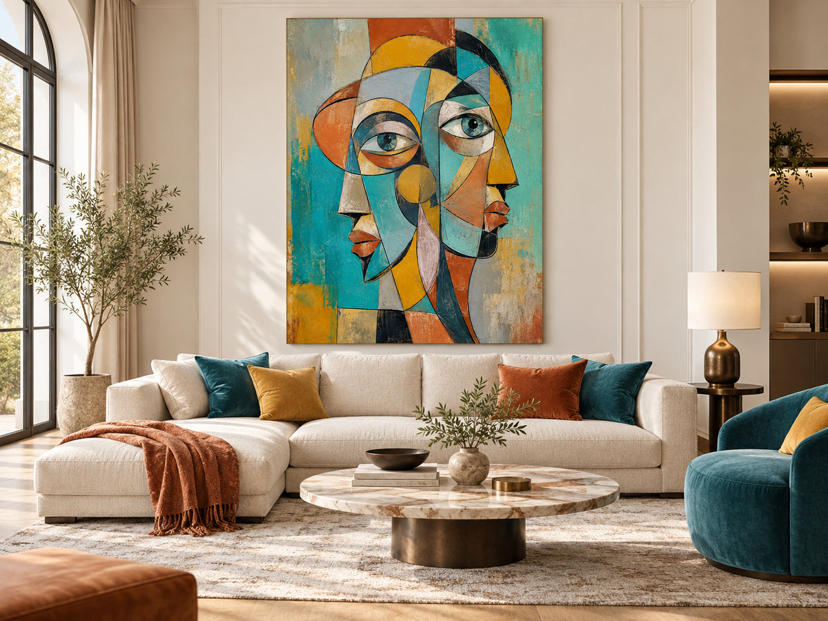 Vintage Cubist Style Hand Painted Art With Textured Finish