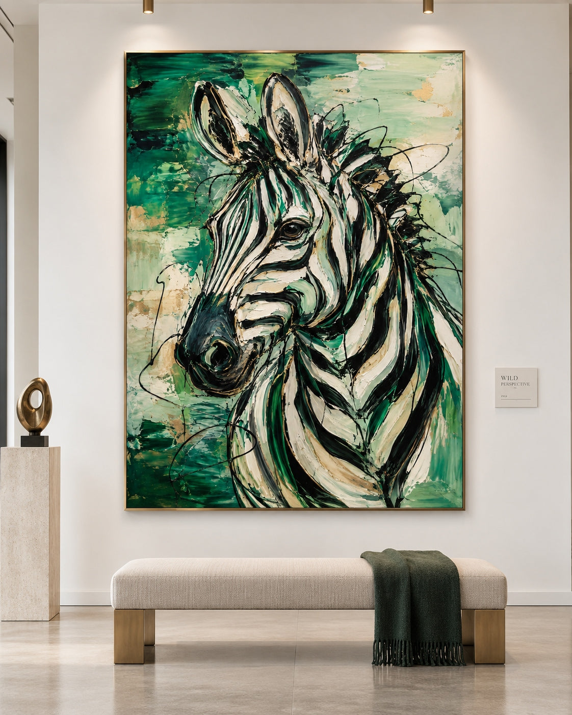 Graffiti Style Zebra Art Modern Abstract Canvas Painting Green And Gold Textured Wall Decor