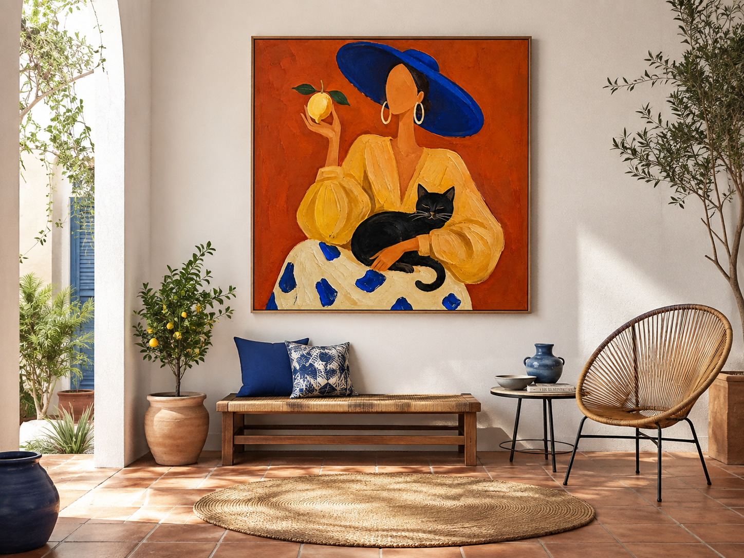 Modern Minimalist Oil Painting Of Lady With Blue Hat And Black Cat For Living Room Decor