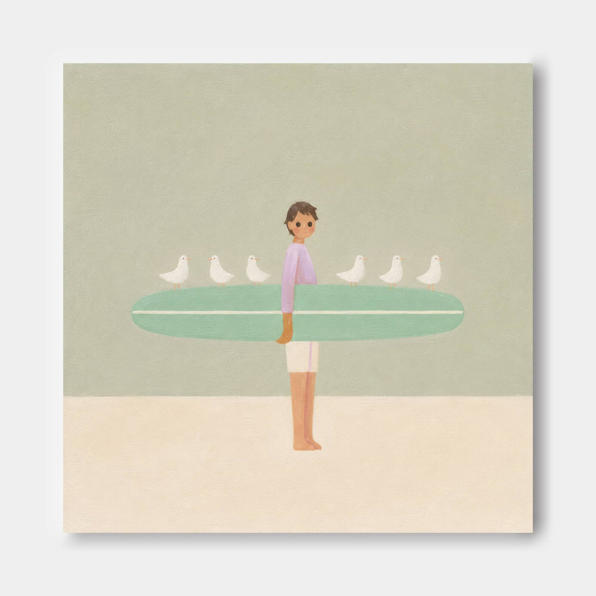 Hand-Painted Surfer With Seagulls On Mint Board Modern Canvas Art