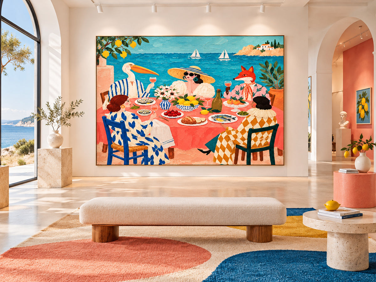 Vintage Surrealism Canvas Painting Bright Impasto Texture Art Mediterranean Dining Room Wall Art Colorful Ocean View Painting