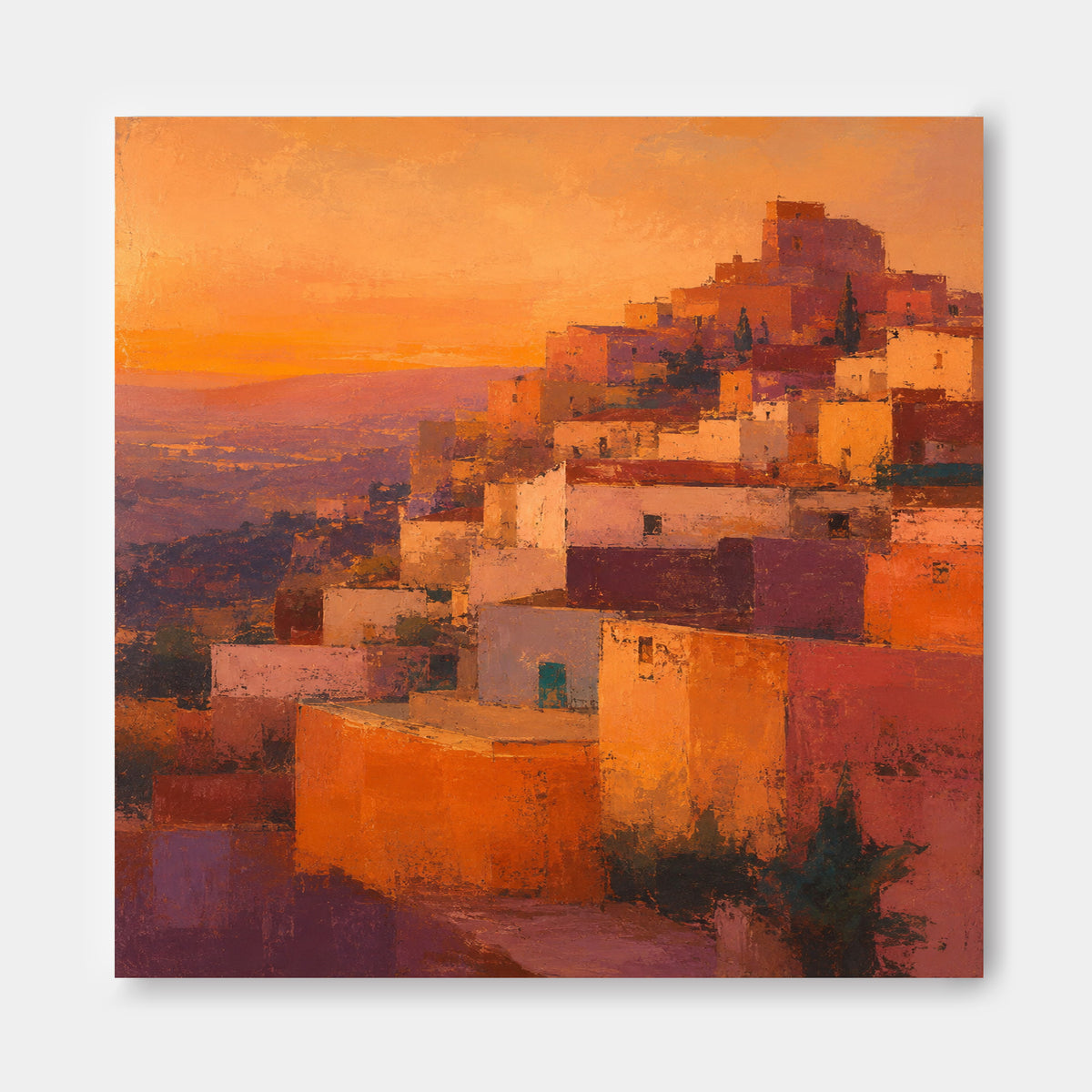 Hand-Painted Hillside Village Canvas Art In Warm Orange And Purple Tones