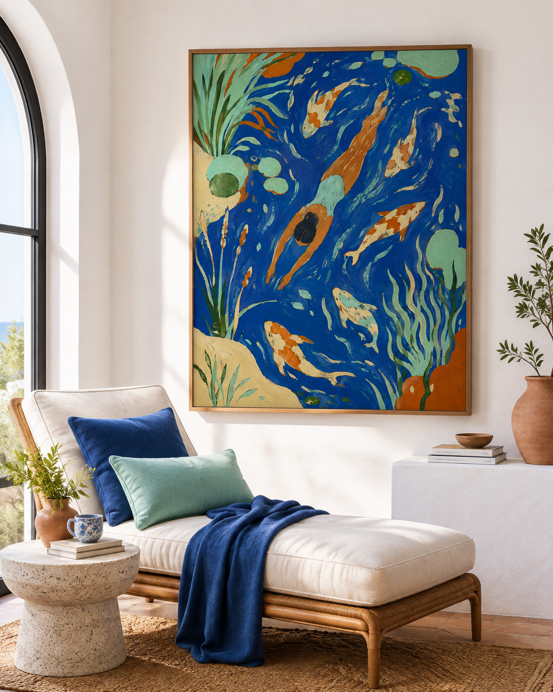 Art Deco Style Swimming Scene Original Canvas Painting With Fish