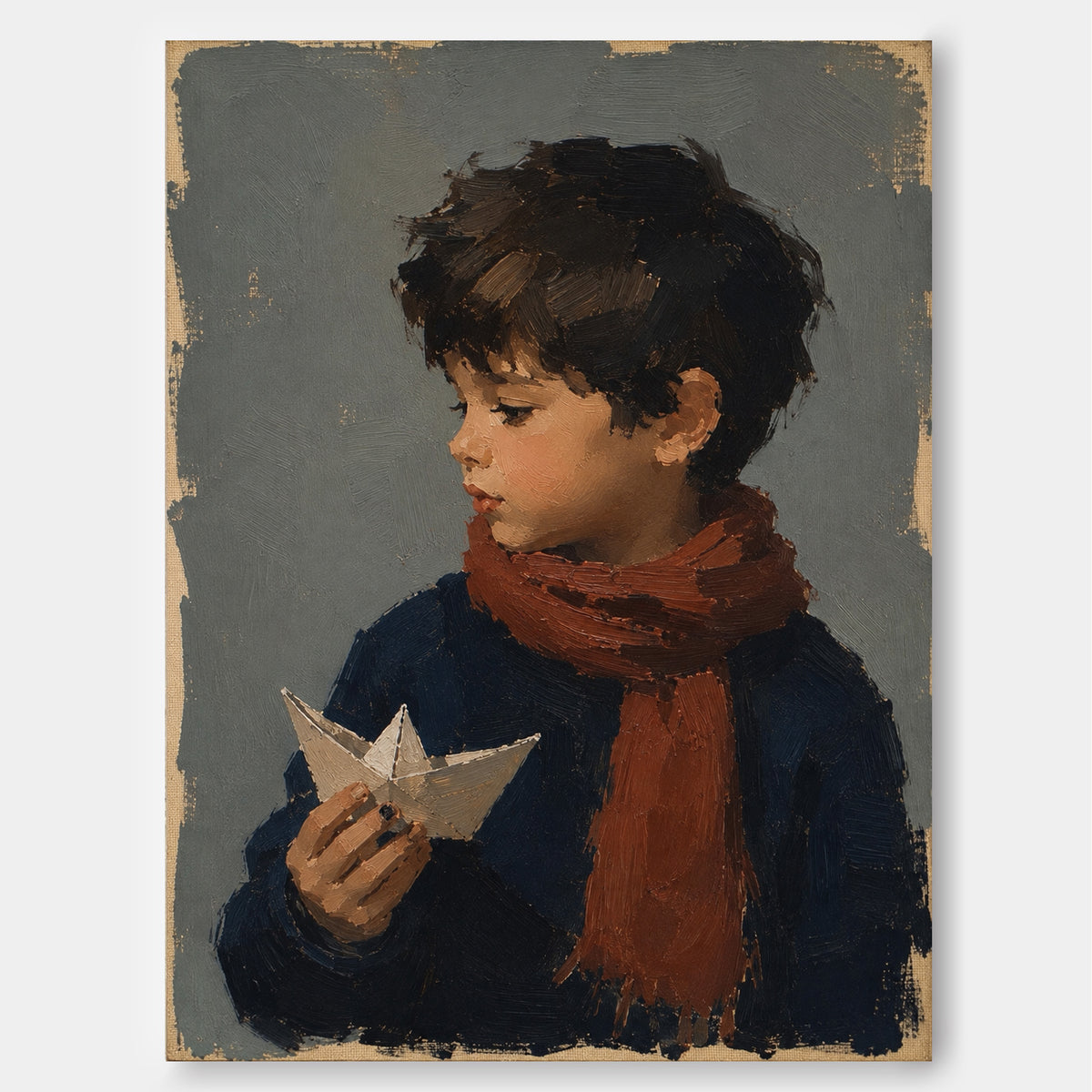 Vintage Kids Room Wall Art Boy Portrait With Red Scarf Original
