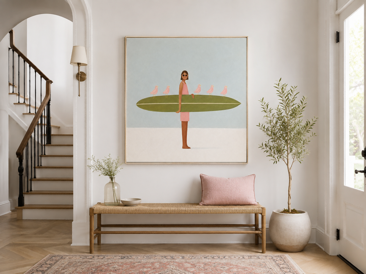 Hand-Painted Surfboard Girl With Birds Abstract Canvas Art In Green And Pink