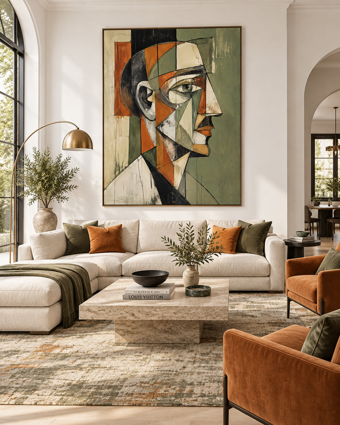 Picasso Style Cubism Artwork Textured Oil Painting Green And Orange Tones
