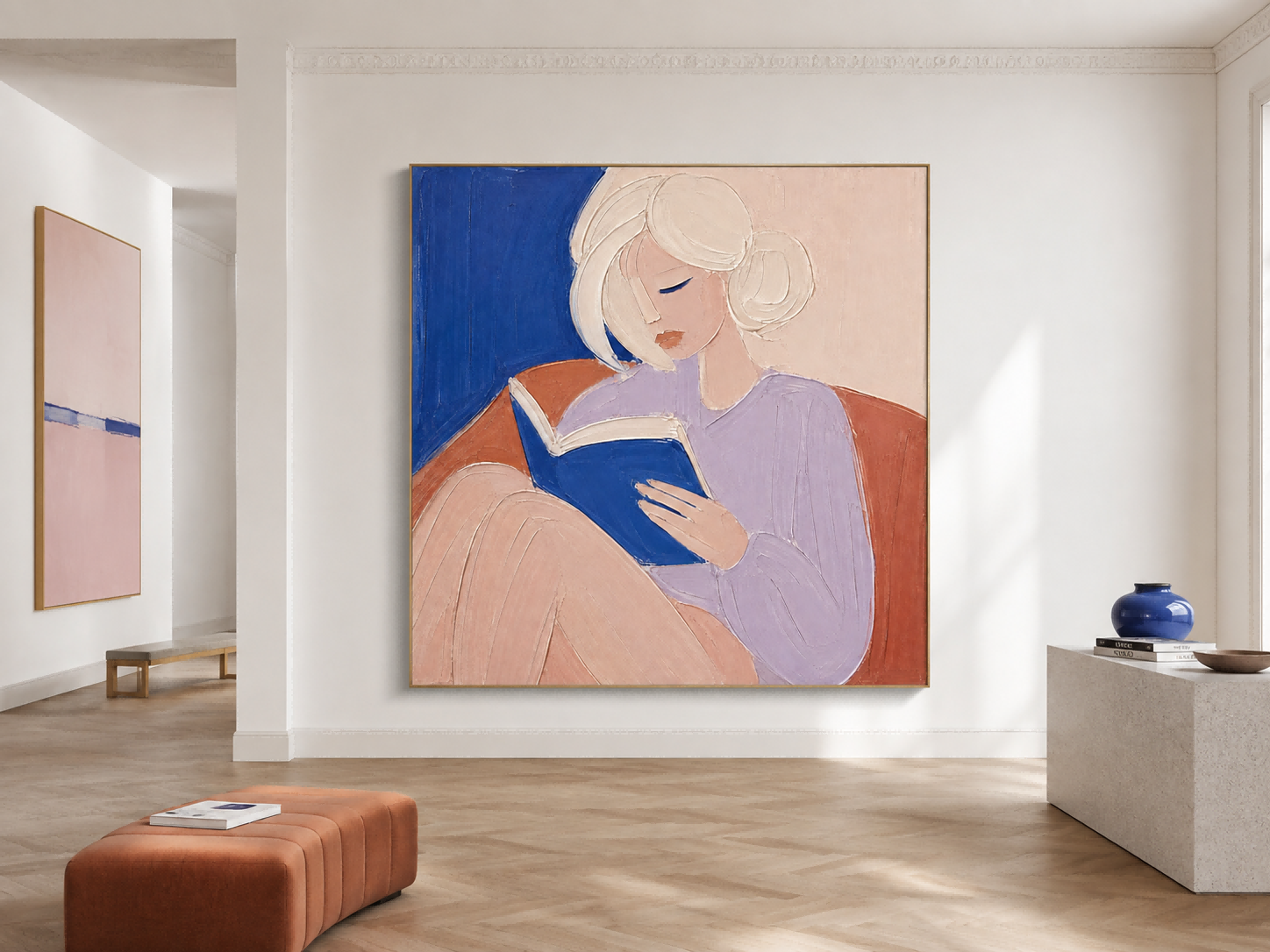 Modern Minimalist Abstract Art Painting Of Woman Reading In Blue And Purple Tones For Living Room Decor