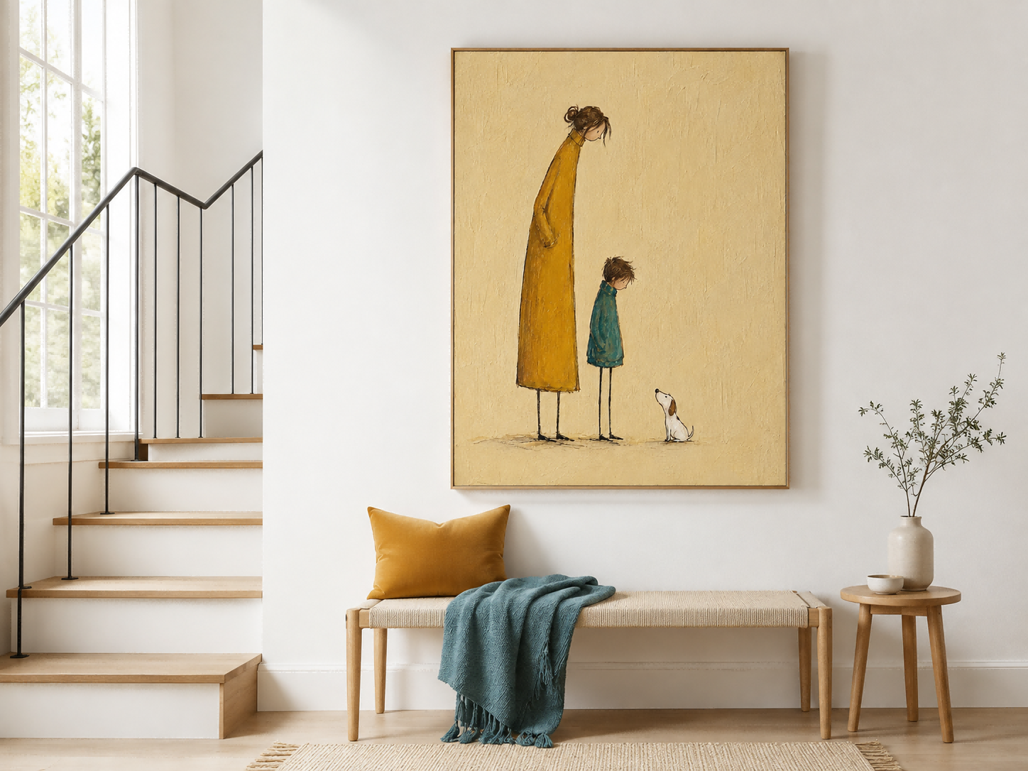 Naive Art Painting Of Mother Child And Dog For Modern Home Decor