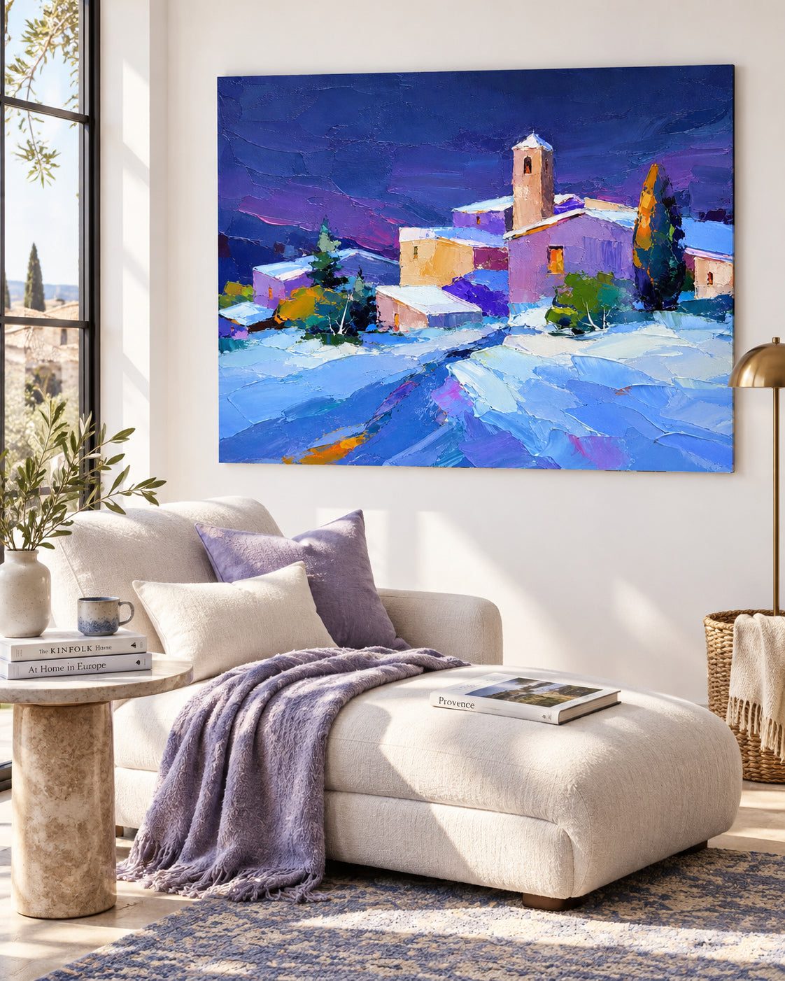Hand-Painted Snowy Village Landscape Canvas Art With Violet Sky And Warm Lights