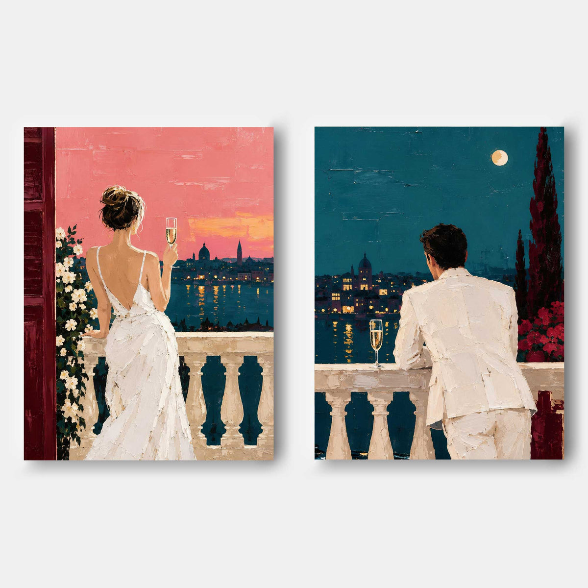 Romantic Couple Cityscape Hand-Painted Canvas Art Set Pink Teal