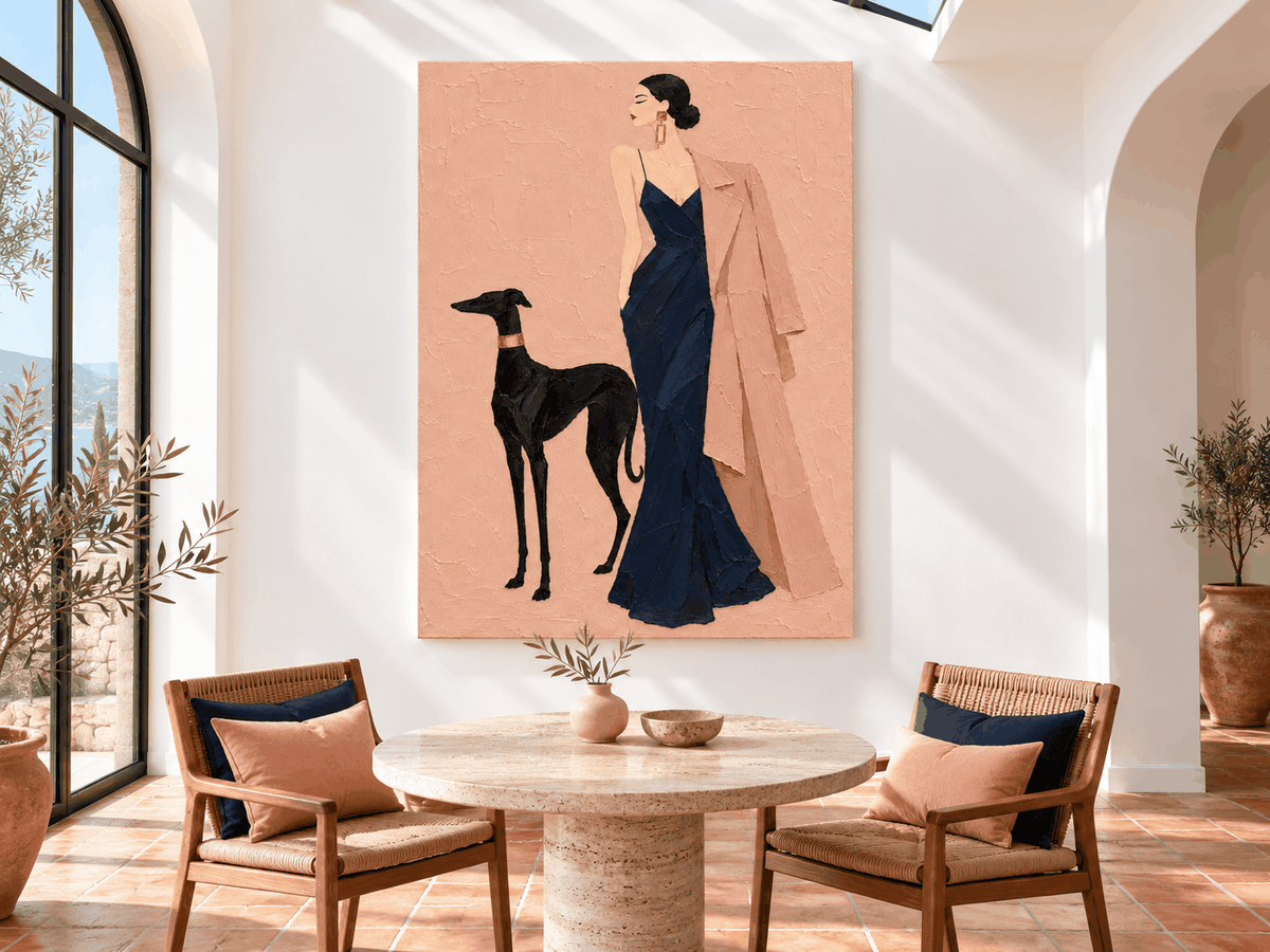 Hand-Painted Woman With Dog Canvas Art In Navy And Pink