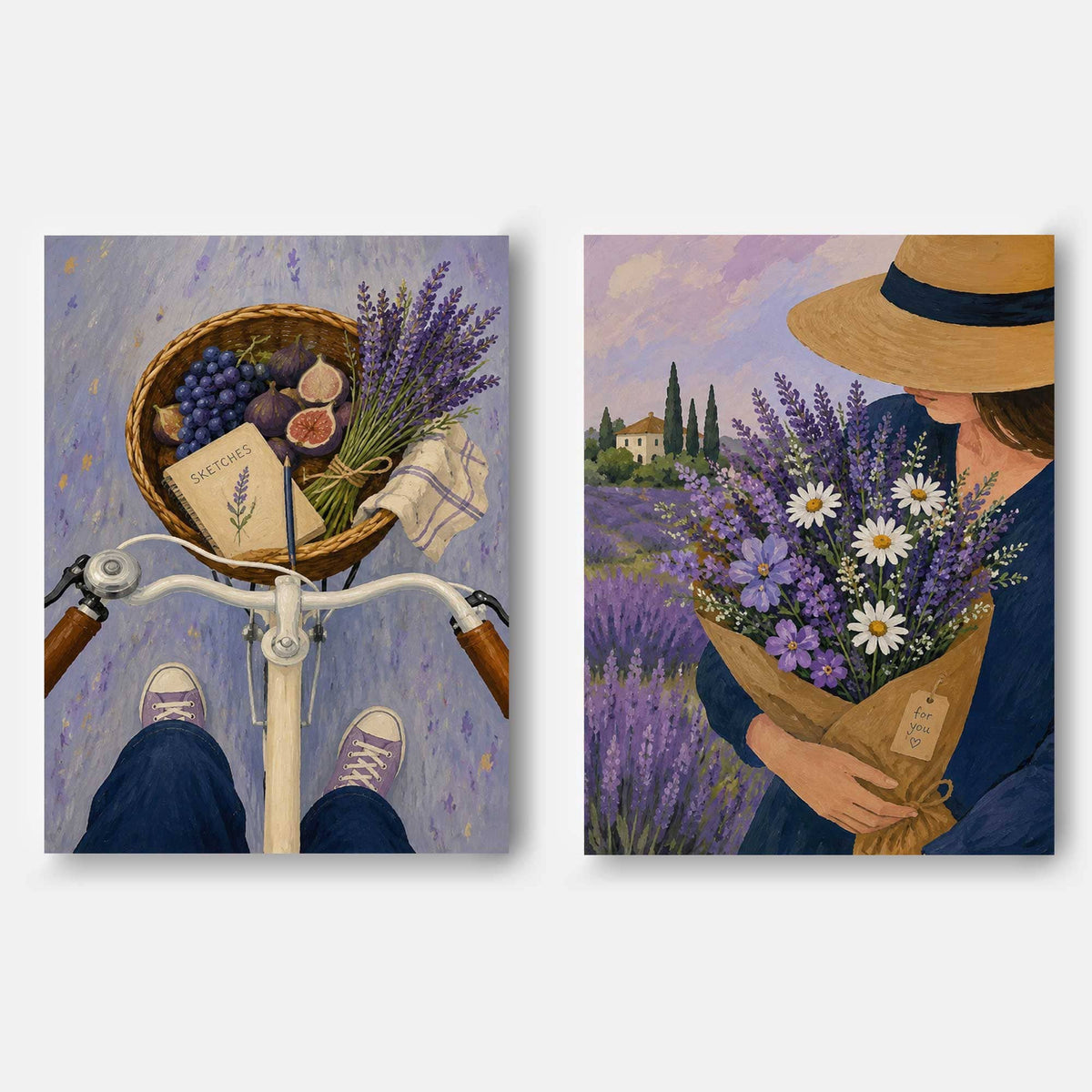 Lavender Field And Bicycle Hand-Painted Canvas Art Set With Figs