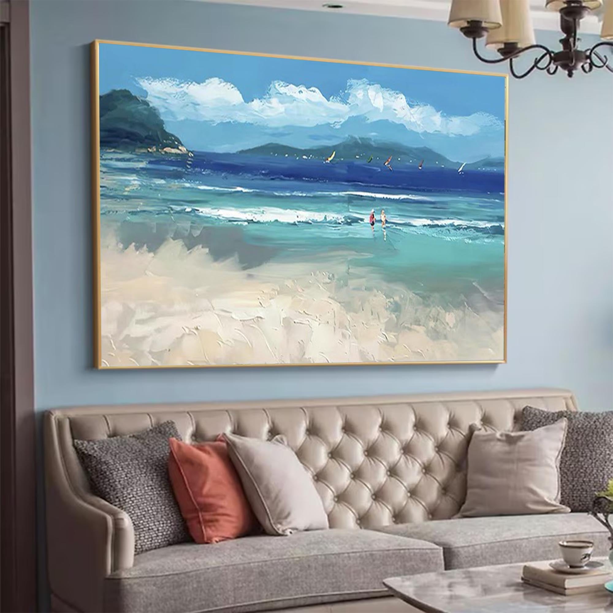 Large Blue Ocean Abstract Oil Painting Original Ocean 3D Texture Painting Ocean Canvas Wall Art Living Room Decor