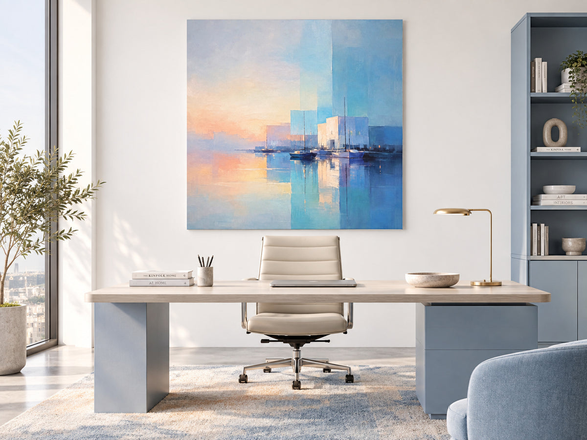 Minimalist Geometric Ocean Painting In Soft Colors For Modern Interiors